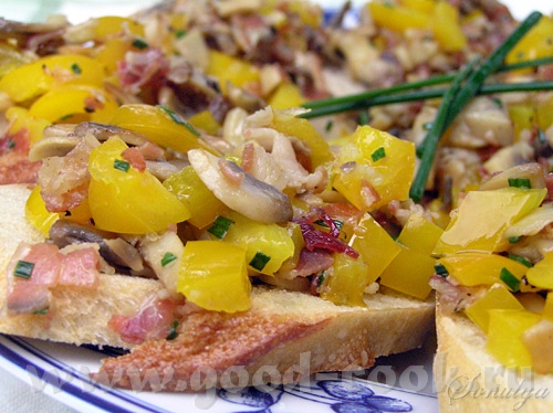 Bruschetta с Грибами на 4 порции 1 желтый сладкий перец 1/2 фунта (250г) грибов 2 унции итальянской...