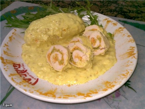 Рулеты из куринных грудок в горчичном соусе 3 куринные грудки соль,белый перец 1 луковица 1 зубок ч...