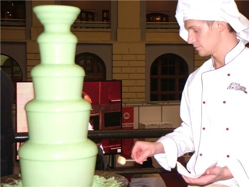 Это шоколадный фонтан, повар обмакивал кусочки бананов и ананасов на шпажке в этот фонтан и давал ж...