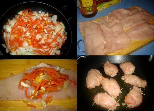 Pechuga de pollo rellena de verdura con salsa de nata Рулетики из куринного филе с овощами, тушеные...
