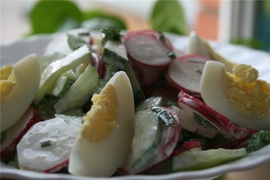 лагман салат весенний с редиской,огурцами,зеленью,яйцами и сметаной - 2