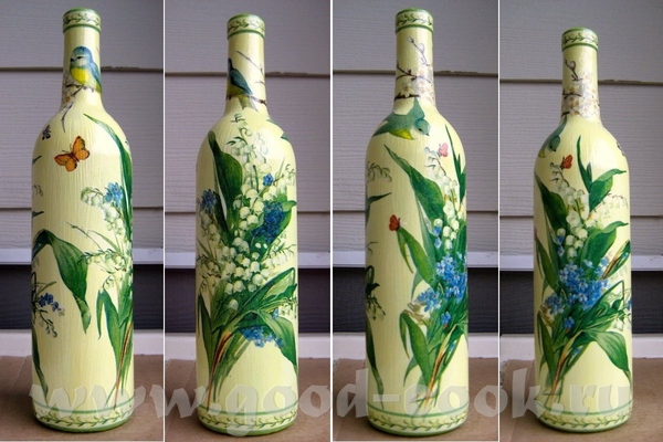 Бутылка "Весна" Стекляная бутылка с вином, грунт, акрил, фрагменты 3-х салфеток, клей, акриловый ла...