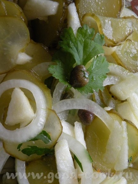 САЛАТ ИЗ КИСЛЫХ ОГУРЦОВ ,ЛУКА,ЗЕЛЕНИ И КАПЕРСОВ с ЯБЛОКАМИ