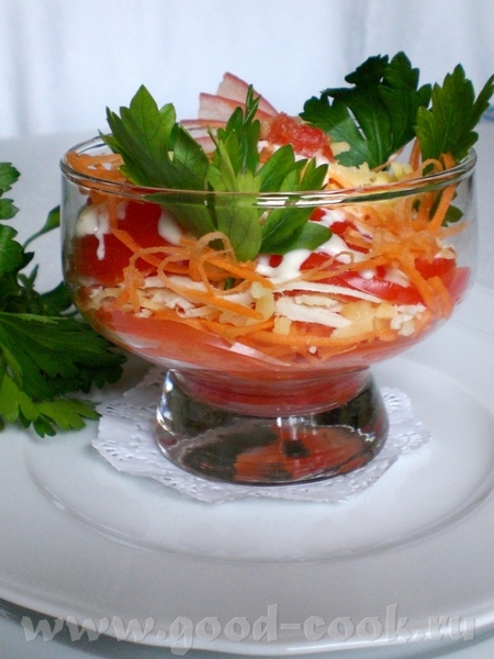 3. Коктейль – Салат. Незамысловатый, но лёгкий и вкусный салатик. 1-ый слой - помидор (крепкий), на...