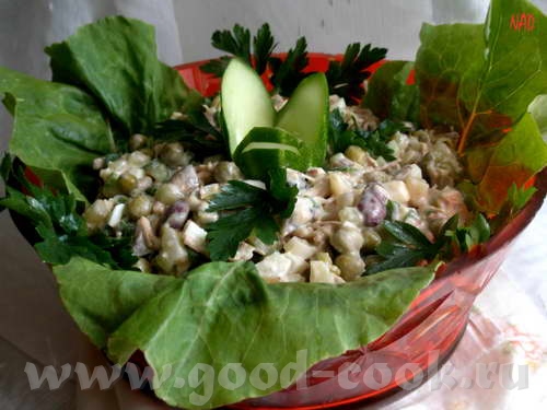 Салат ГНЕЗДО ГЛУХАРЯ от На дно тарелки выложила копченое куриное мясо, потом все другие продукты, к... - 2