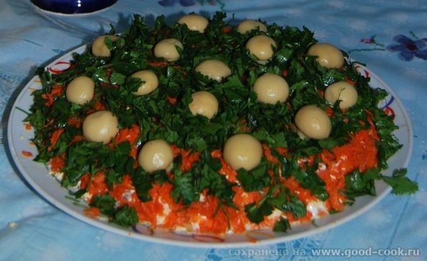 Слоеный салат с курицей и маринованными шампиньонами Состав: 2 куриных окорочка 400 г маринованных...