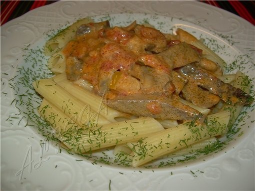 ПАСТА С РОЗОВЫМ СОУСОМ ИЗ СЕРДЦА И КУРИНЫХ ЖЕЛУДКОВ