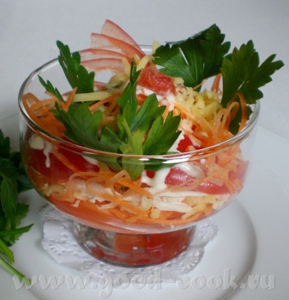3. Коктейль – Салат. Незамысловатый, но лёгкий и вкусный салатик. 1-ый слой - помидор (крепкий), на... - 2