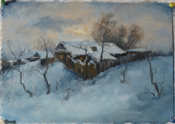 Зима: Краски: Titanium White, Yellow Ochre, Burnt Sienna, Cobalt Blue Оригинал - 5