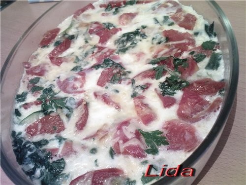 Запеканка омлет с кабачками,помидорами и сыром
