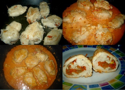 Pechuga de pollo rellena de verdura con salsa de nata Рулетики из куринного филе с овощами, тушеные... - 2