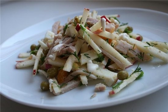 салат мясной новый 150 г свинины карбонат,буженина-подойдут,большое кислое яблоко,баночка горошка,л...