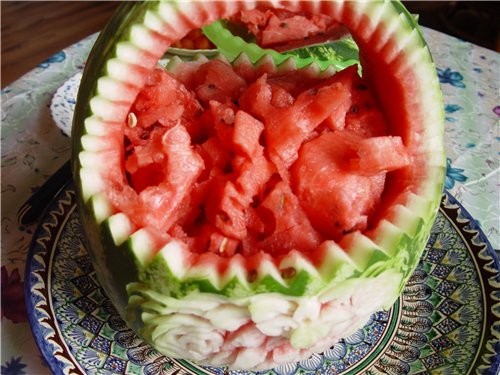 Внутрь корзинки остатки арбуза режем кусочками