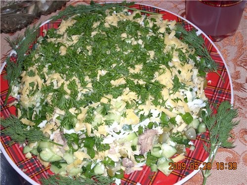 Тунечка Таня я принесла салат Слоенный с туной и сайрой вкусно