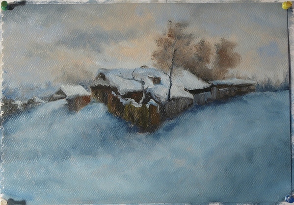 Зима: Краски: Titanium White, Yellow Ochre, Burnt Sienna, Cobalt Blue Оригинал - 4