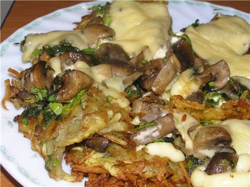 Хрустящие картофельные оладьи (паучки), запеченные с шампиньонами и сыром 5-6 картошек, 0,5 кг шамп...