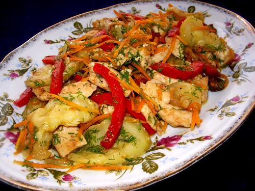 Курица со сладким перцем и цуккини 2 филе куриной грудки 1 стручок красного сладкого перца 1 цуккин...