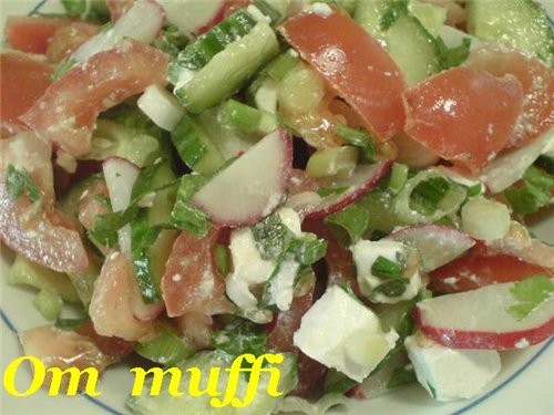 САЛАТ ОВОЩНОЙ С СЫРОМ Помидоры, огурец, лук зелёный, редис, сыр солёный, свежая зелень (любимая), п...