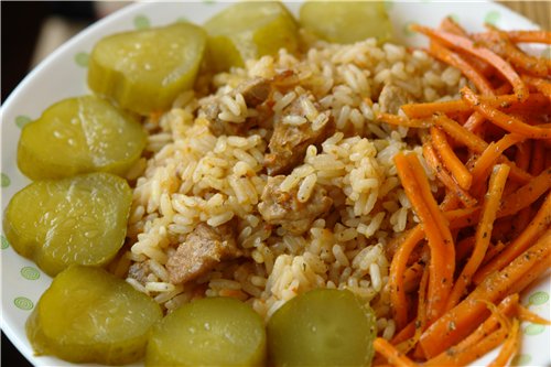 Плов Нужно: риса стакан Морковь 3 шт Лук 4 штуки Мясо 500 г специи для плова