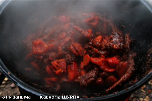 Дальше закладываем перец болгарский – соломкой нарезанный, помидоры (или запрвку, как было сказано)...