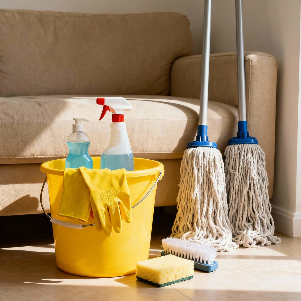 Подготовка к генеральной уборке квартиры с размещением инструментов