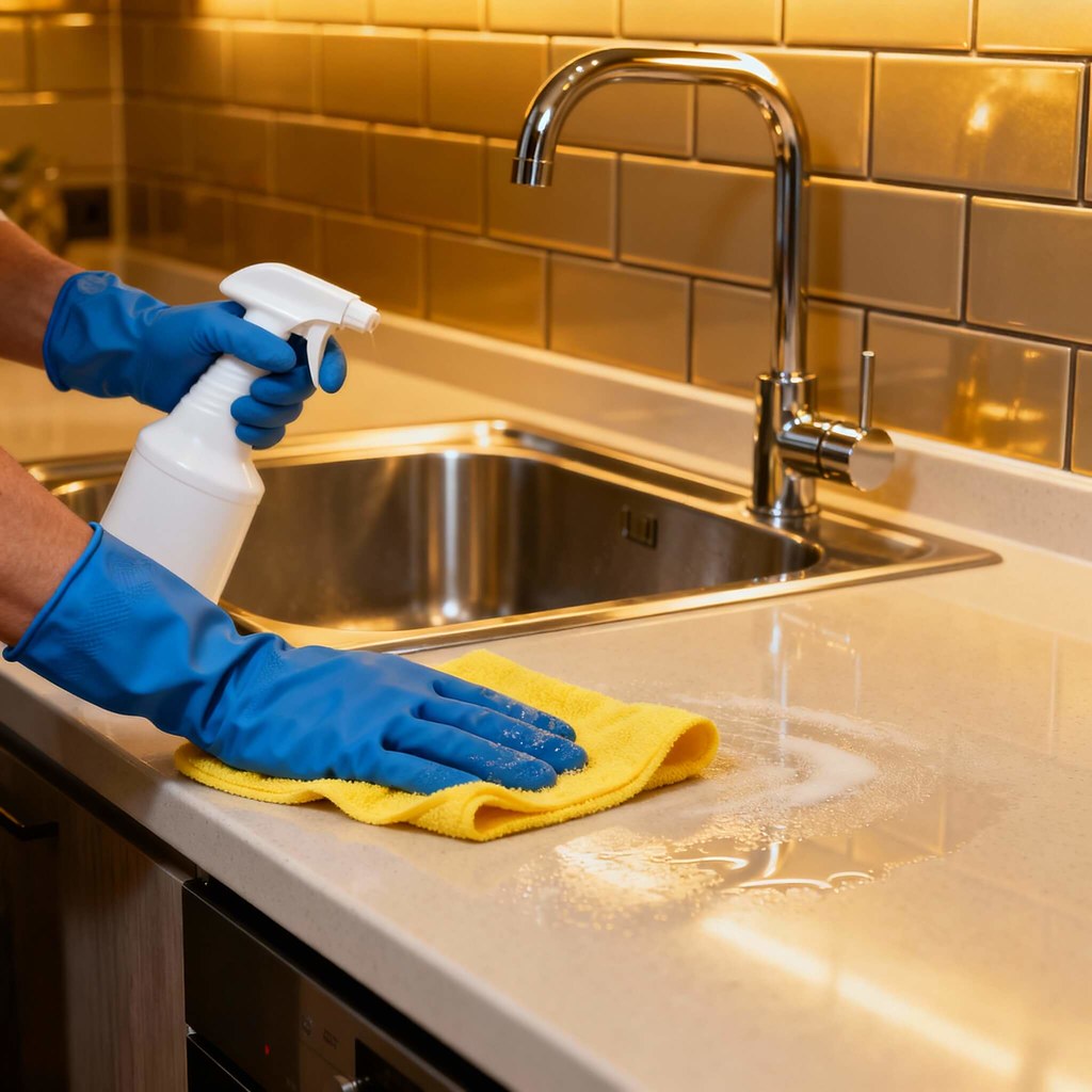 Процесс генеральной уборки кухни с мытьем поверхностей