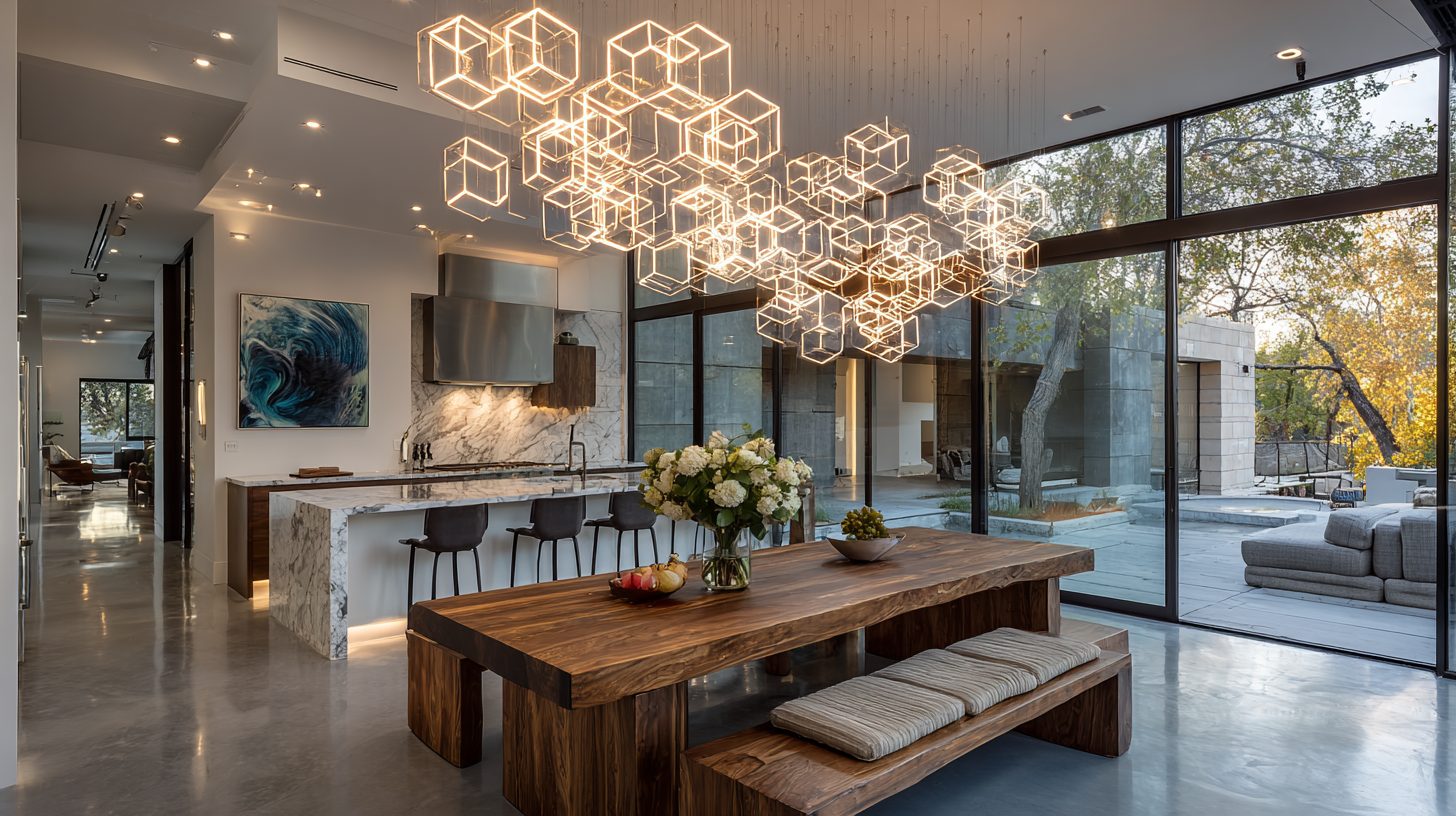 Кухня с современной люстрой над обеденным столом