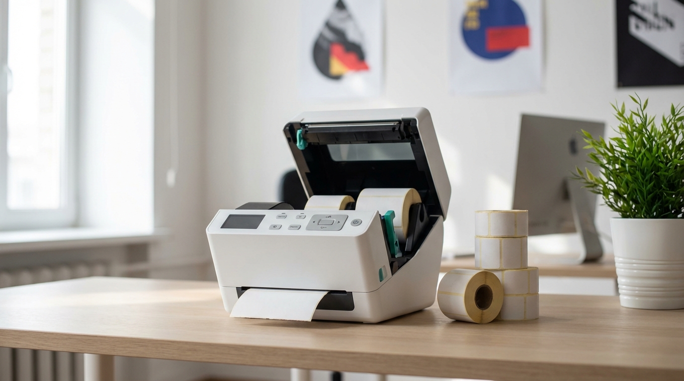 Фотореалистичное изображение этикеточного принтера в современном российском офисе: средний план, вид сбоку под углом 45 градусов, фокус на у