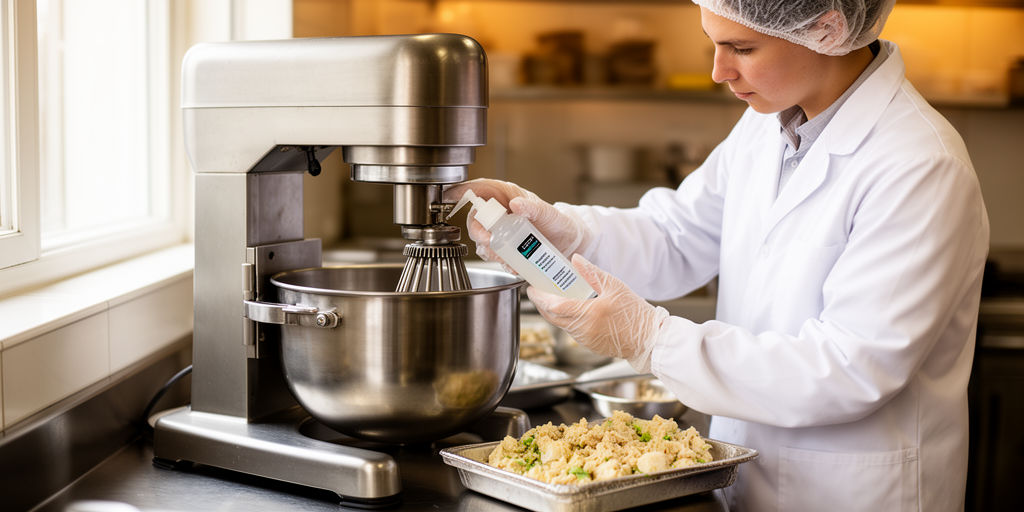 Техник смазывает миксер на профессиональной кухне