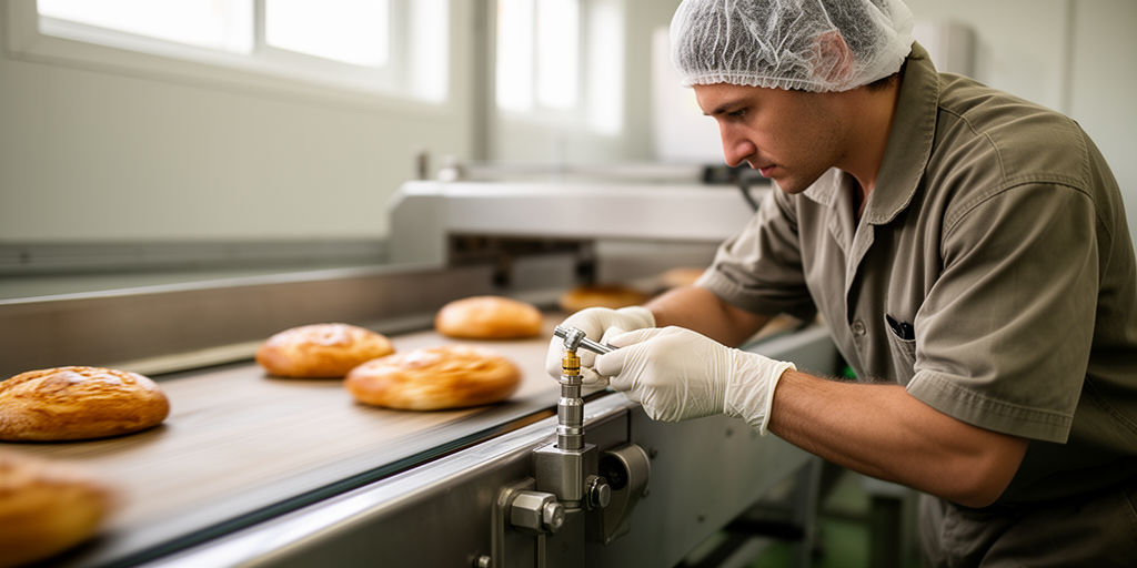 Оператор на линии регулирует смазочную точку возле конвейера