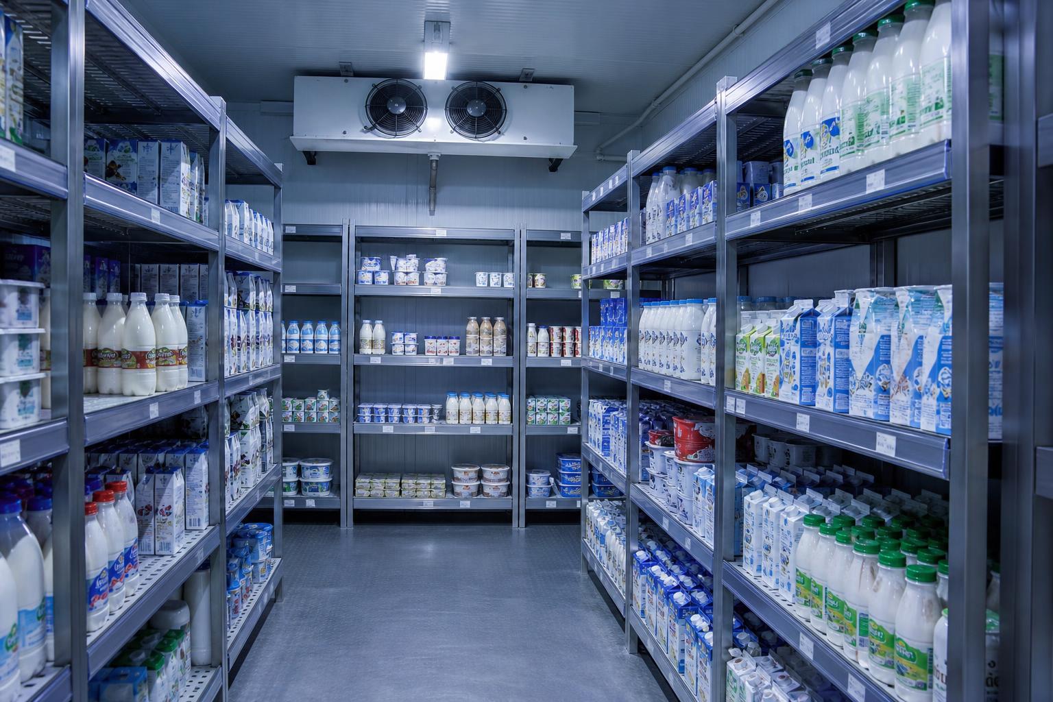 Современная холодильная камера с полками для молочных продуктов в российском производственном цехе. прислано