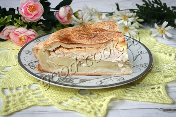 пирог с курицей, картофелем и плавленым сыром